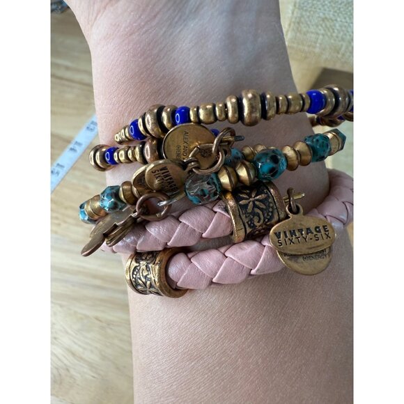 Alex & Ani Set Of 3 Memory Wire & Beaded Bracelets With Pink Braided Leather Tur - Picture 9 of 9